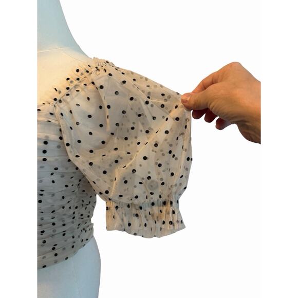 Polka Dot Sheer Mesh Ruched Puff Sleeve Beige Milkmaid Coquette Babydool Size 6 - Picture 4 of 10